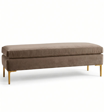 Banqueta Unique en pana antimanchas color Visón, con base y asiento en dos niveles y patas doradas, imagen ilustrativa - Tienda de Banquitos