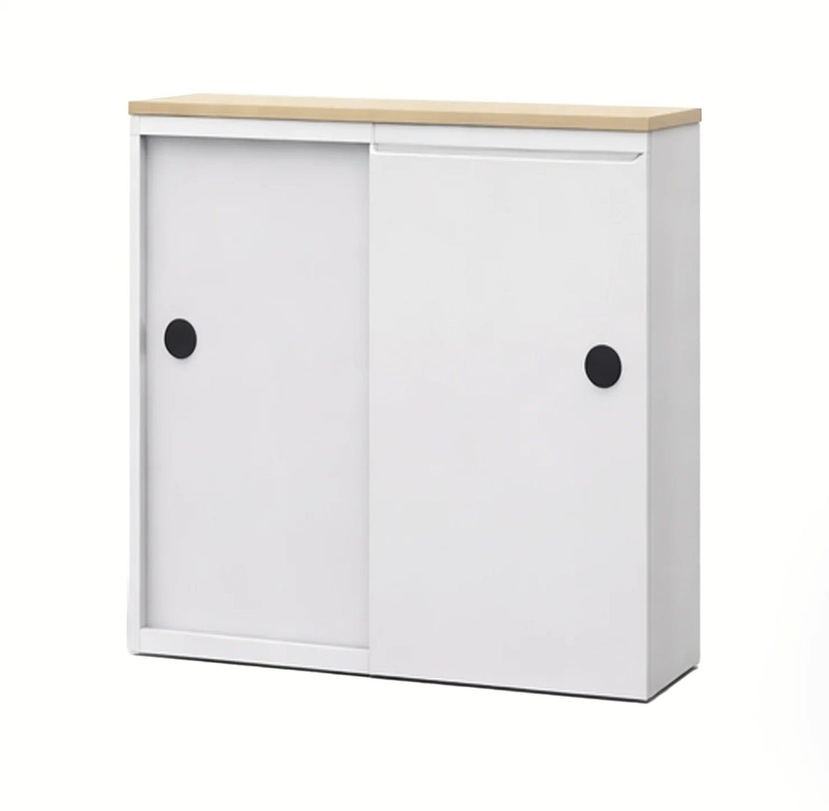 Biblioteca de Archivos Activos blanca con puertas deslizables y tiradores redondos negros