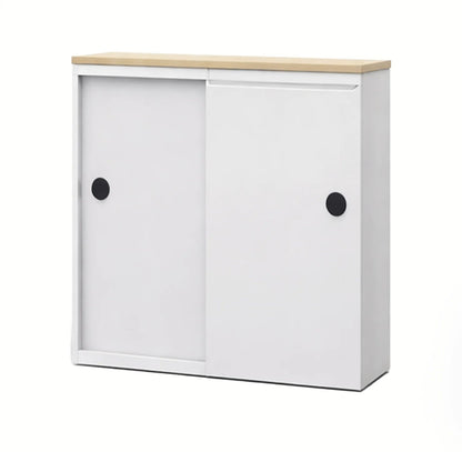 Biblioteca de Archivos Activos blanca con puertas deslizables y tiradores redondos negros