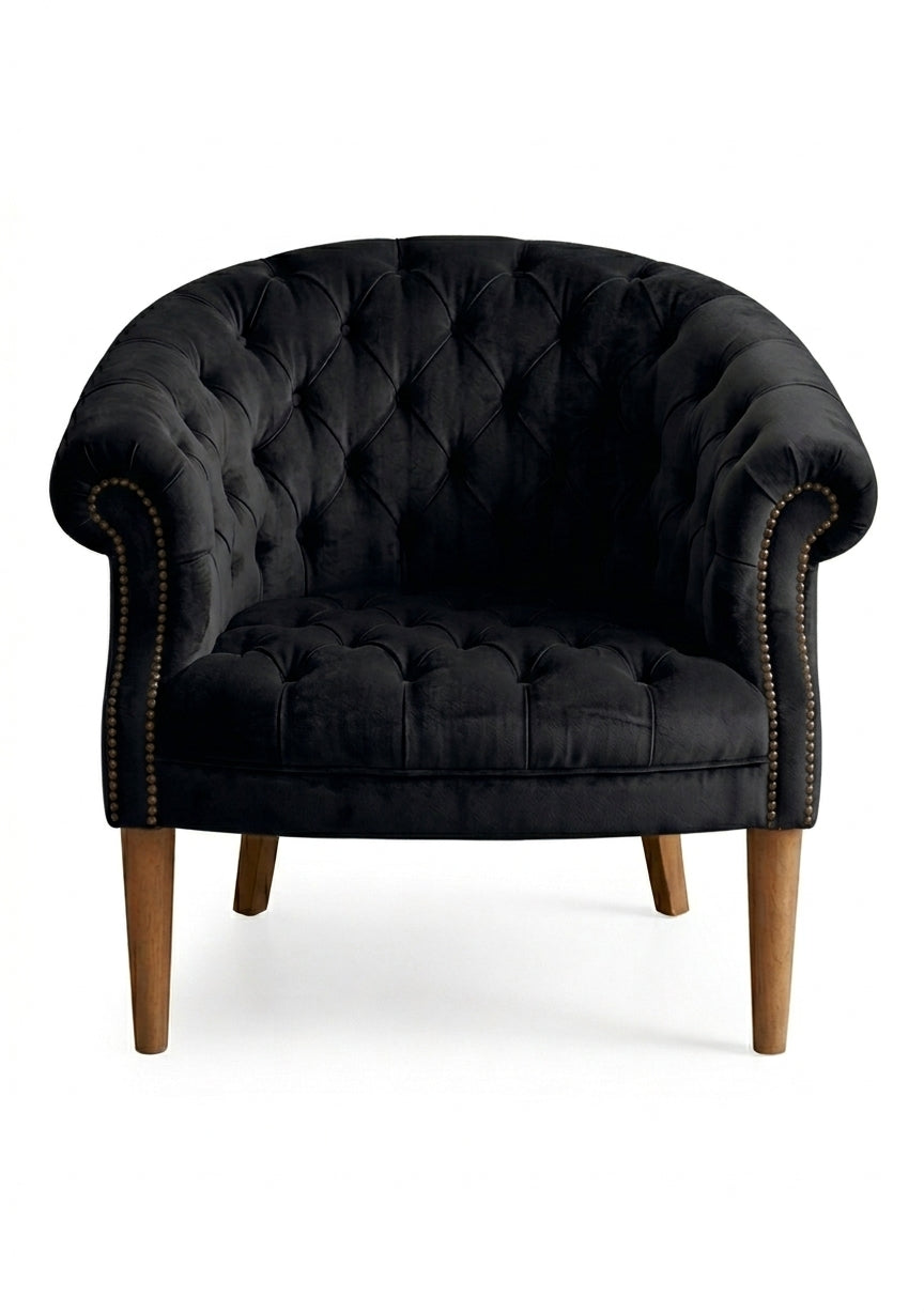 Sillón Nairobi de un cuerpo tapizado en black, capitoné redondeado con tachas y patas de madera – Tienda de Banquitos