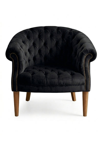 Sillón Nairobi de un cuerpo tapizado en black, capitoné redondeado con tachas y patas de madera – Tienda de Banquitos