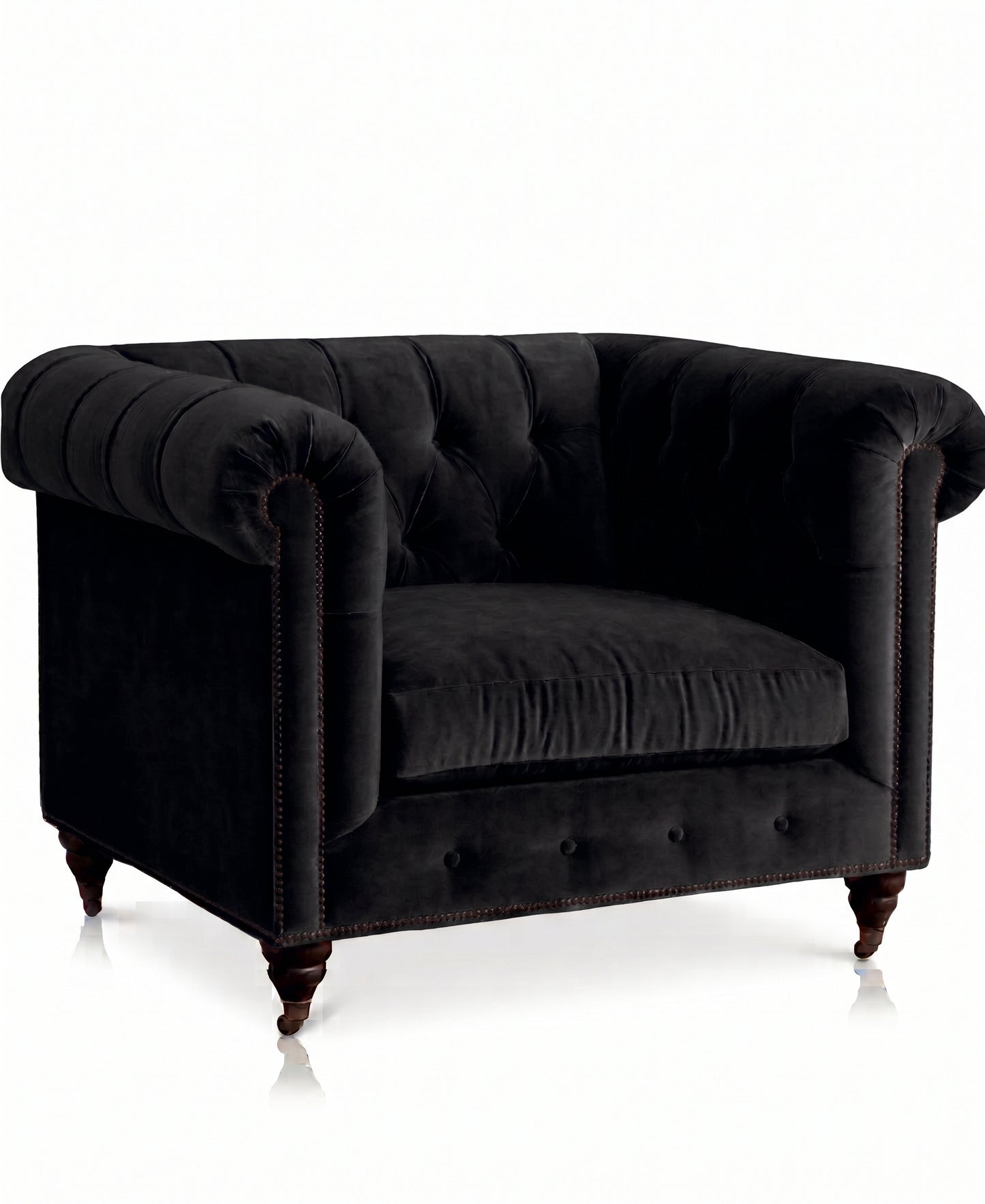 Sillón de un cuerpo Chesterfield color Black en pana antimanchas importada, el clásico diseño inglés firme con detalle de tachas — para un living con carácter que dure toda la vida. Hecho a medida por Tienda de Banquitos.