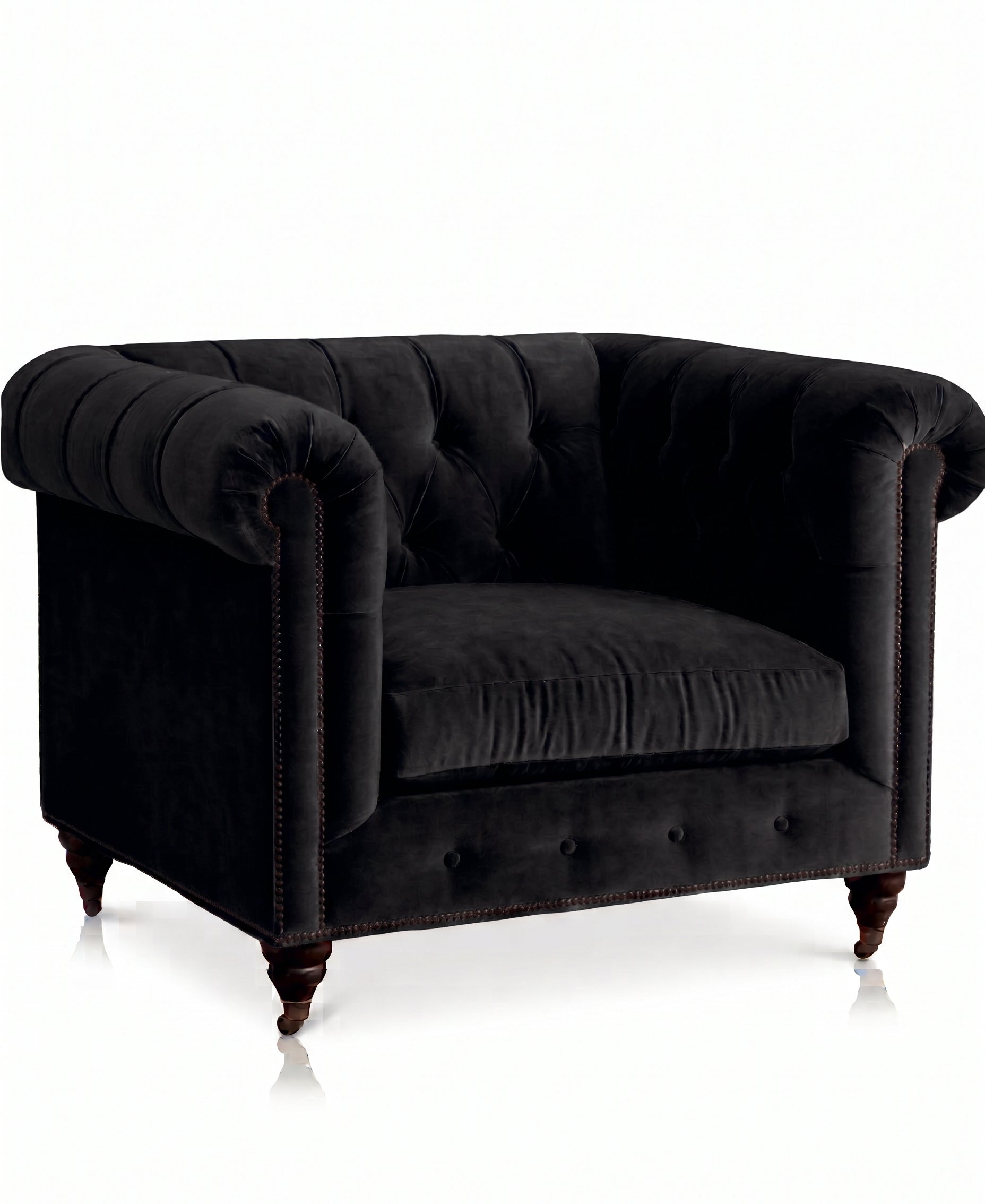 Sillón de un cuerpo Chesterfield color Black en pana antimanchas importada, el clásico diseño inglés firme con detalle de tachas — para un living con carácter que dure toda la vida. Hecho a medida por Tienda de Banquitos.