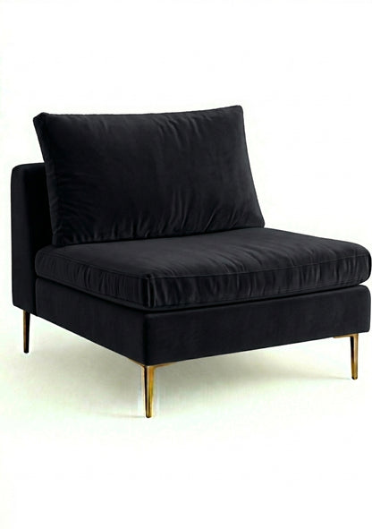 Sillón Edlyn premium en color black, sin apoyabrazos, estructura de madera maciza y patas de aluminio dorado – Tienda de Banquitos