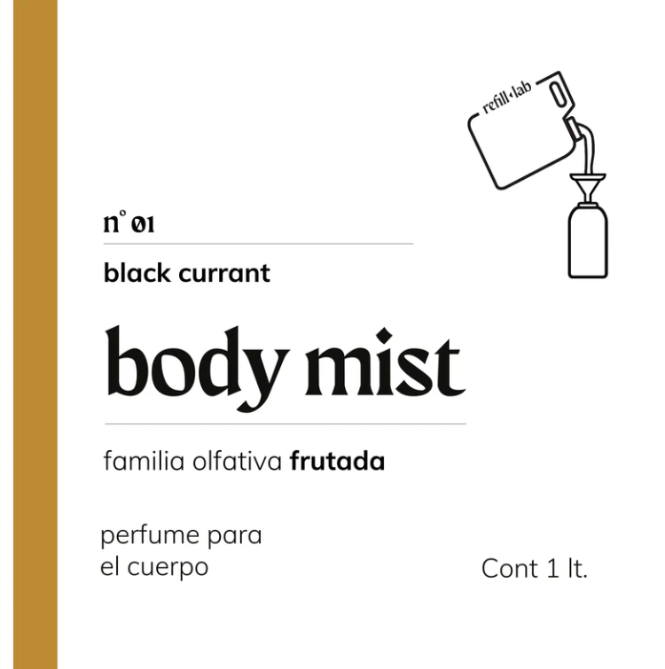 Etiqueta del Body Mist Refill Lab n.º 01 Black Currant, familia frutada, perfume para el cuerpo de 1 litro