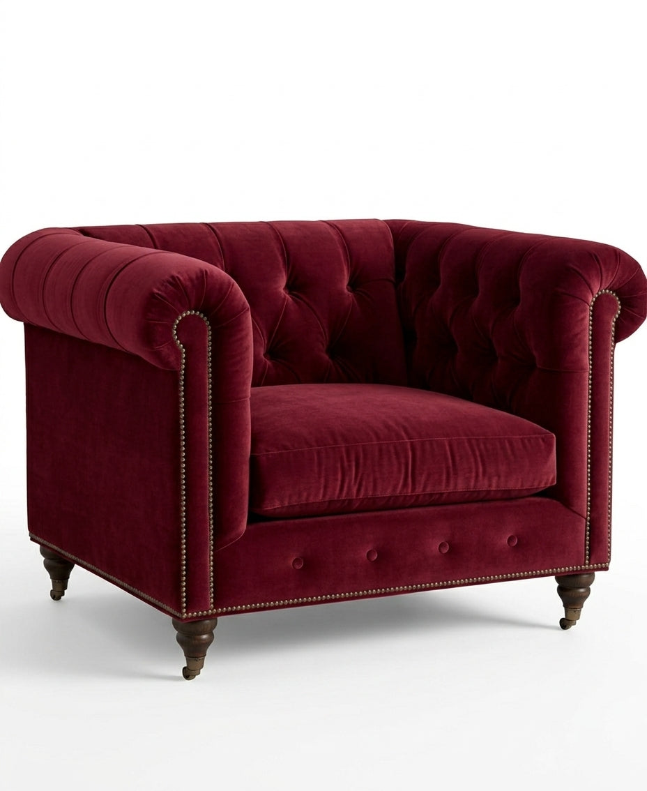 Sillón de un cuerpo Chesterfield color Bordo en pana antimanchas importada, el clásico diseño inglés firme con detalle de tachas — el clásico de siempre para un living con personalidad. Hecho a medida por Tienda de Banquitos.