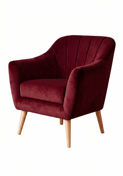 Sillón de un cuerpo Collin color Bordo en pana antimanchas importada, diseño liviano de respaldo bajo y patas de madera — liviano y fácil de ubicar en cualquier ambiente. Hecho a medida por Tienda de Banquitos.
