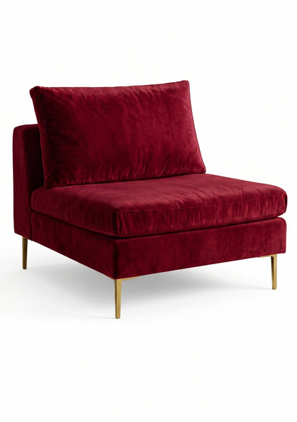 Sillón Edlyn premium en color bordó, sin apoyabrazos, estructura de madera maciza y patas de aluminio dorado – Tienda de Banquitos