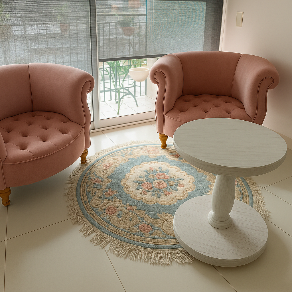 Un sillón tapizado en pana rosa de diseño redondeado, con apoyabrazos curvos y patas de madera, que aporta un aire elegante y acogedor al ambiente