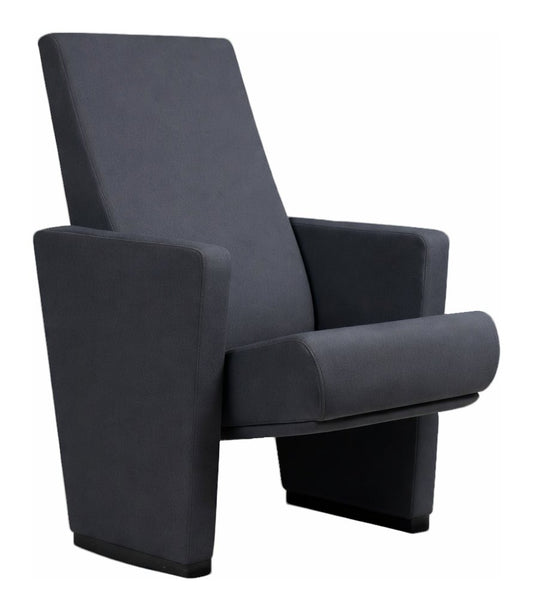 Butaca para auditorio Astra de Archivos Activos tapizada en gris oscuro, con laterales y asiento rebatible