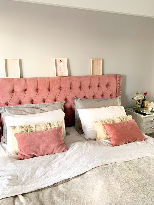 Cabecera rosa tufted cuadritos pared azul dormitorio Argentina - Tienda de Banquitos