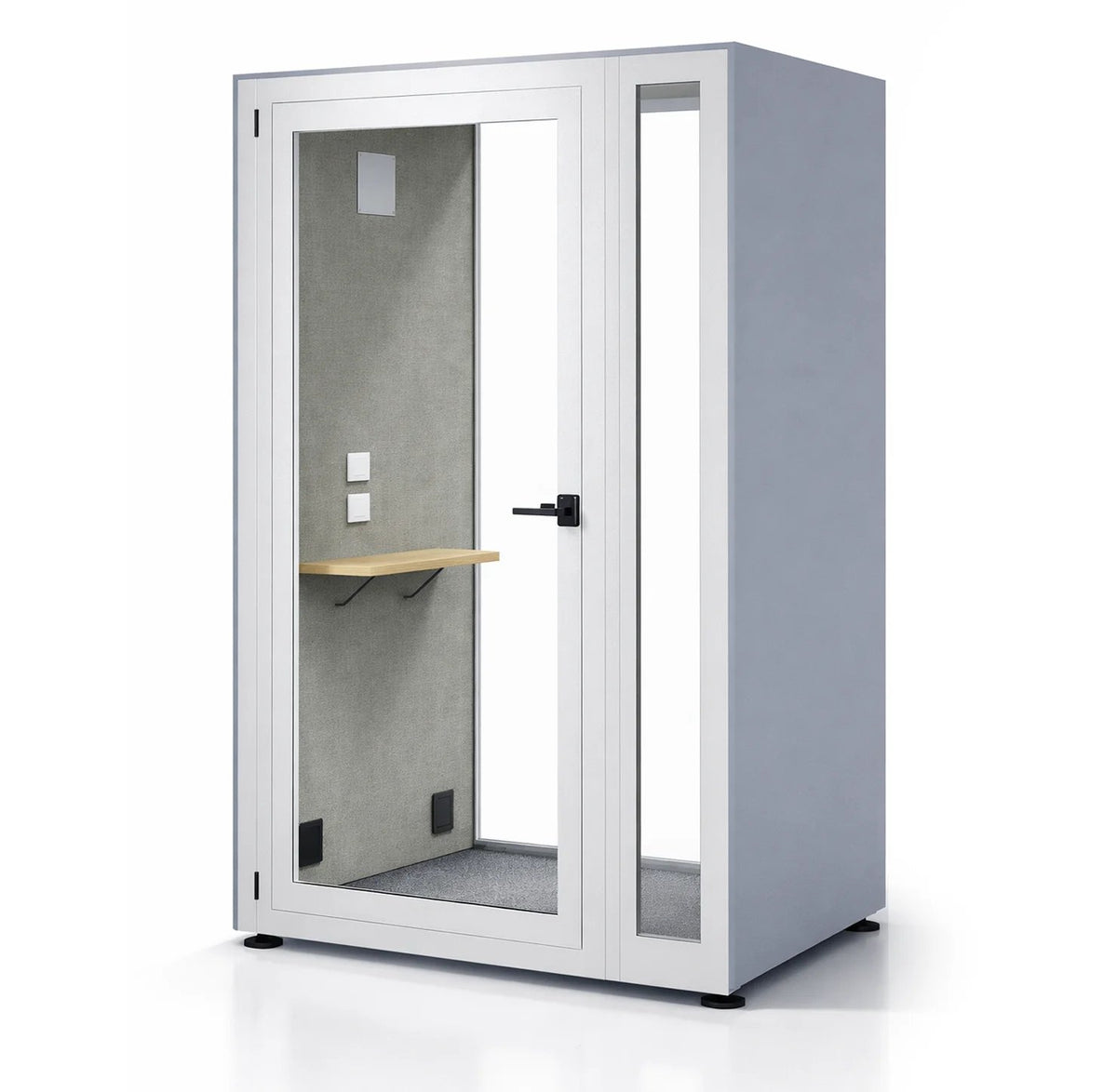 Cabina acústica Prisma M de Archivos Activos, exterior gris azulado con marco blanco, puerta y paño lateral de vidrio