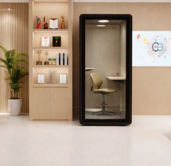 Cabina Domo Single de Archivos Activos para una persona, con silla, en un espacio de trabajo