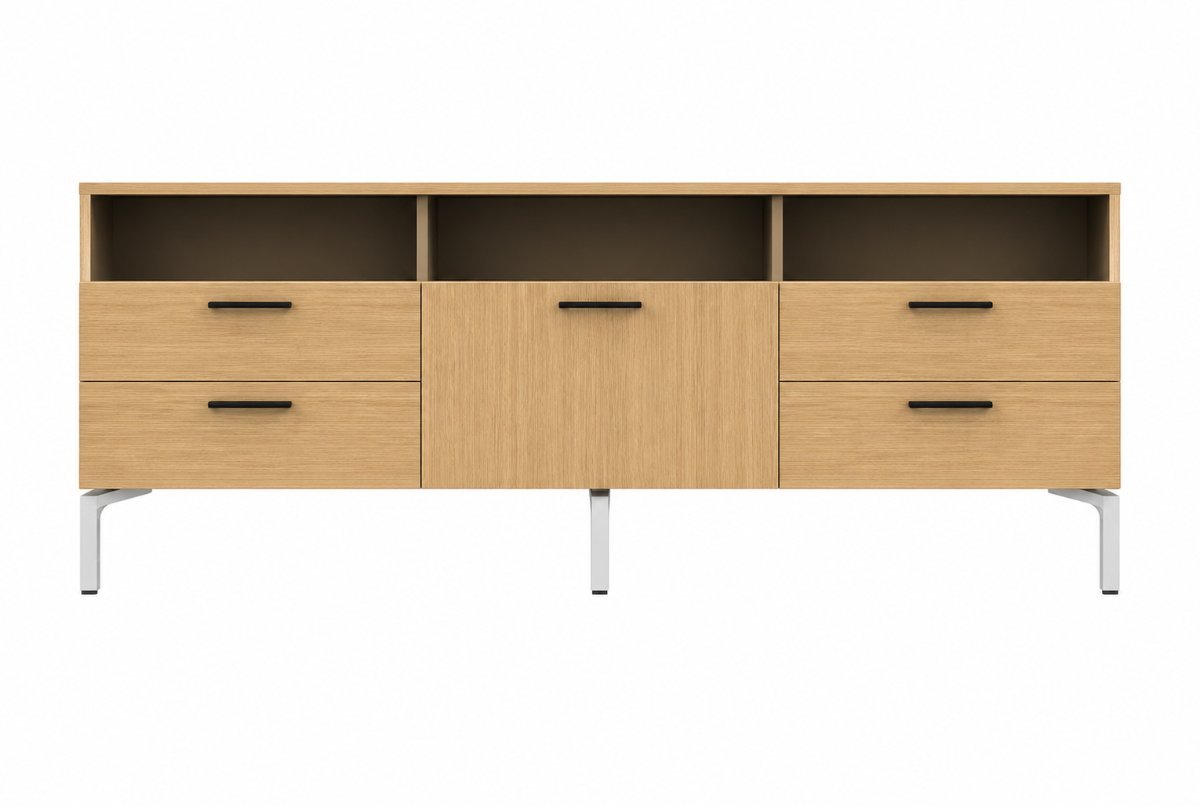 Credenza de Archivos Activos con cajones de madera y nichos abiertos sobre patas