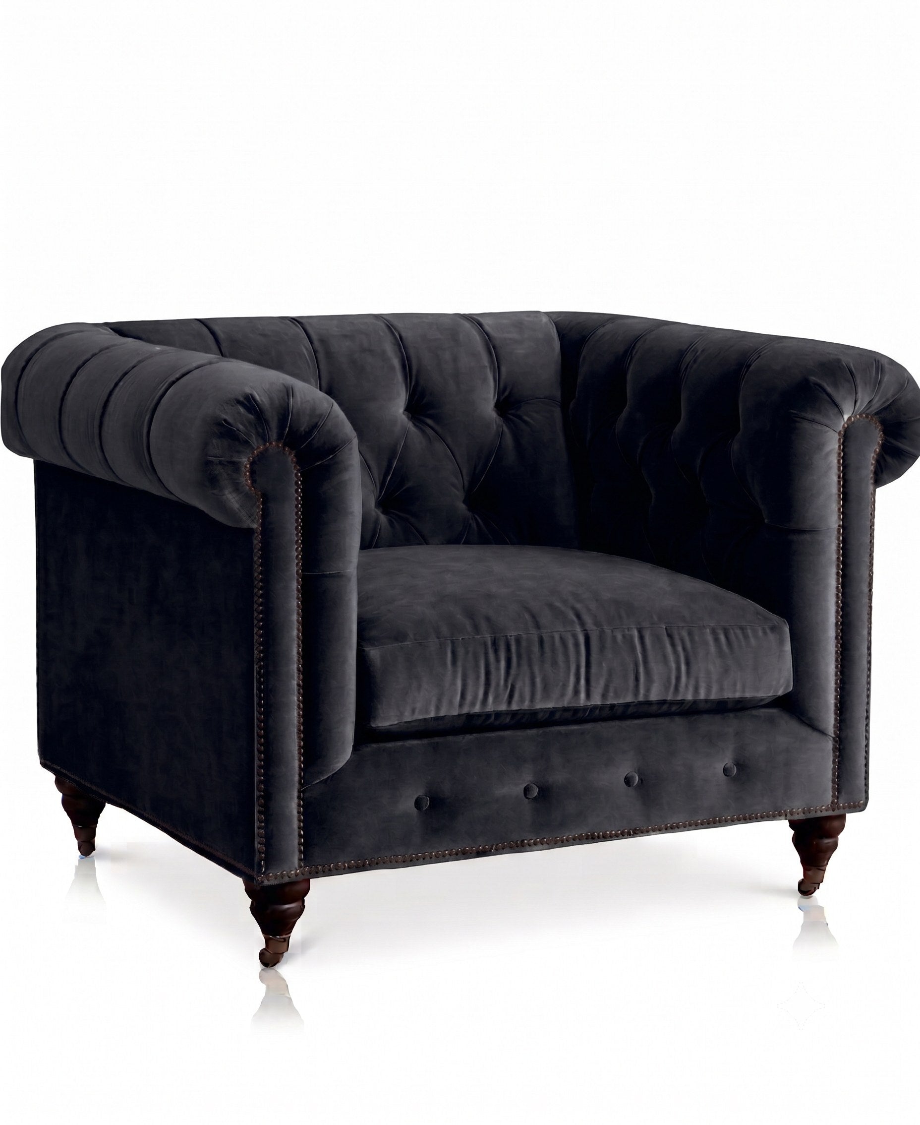 Sillón de un cuerpo Chesterfield color Grafito en pana antimanchas importada, el clásico diseño inglés firme con detalle de tachas — para un living con carácter que dure toda la vida. Hecho a medida por Tienda de Banquitos.