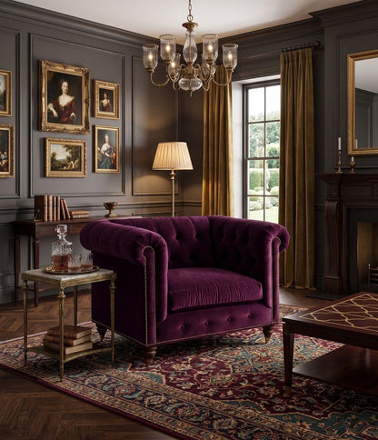 Sillón Chesterfield color Obispo con capitoné y tachas en un living clásico con alfombra persa y araña de cristal