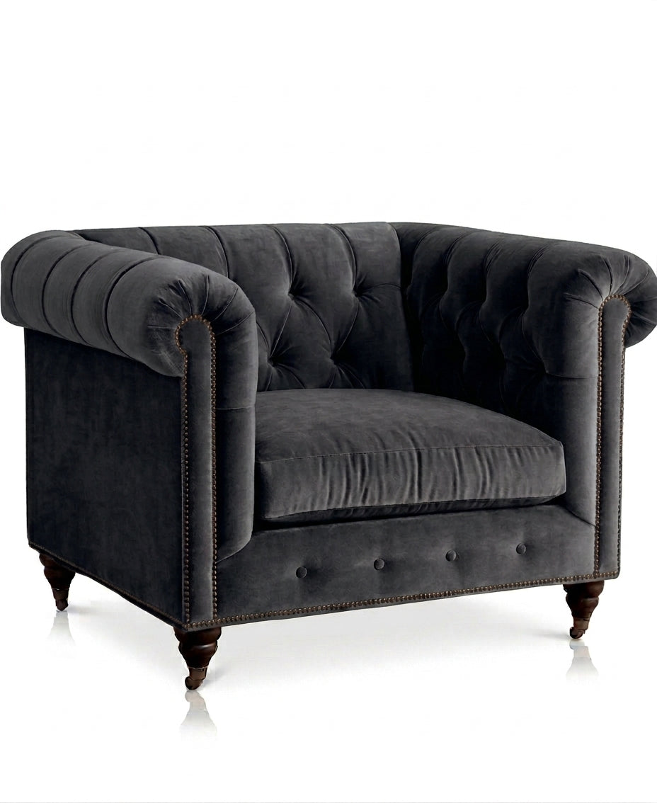 Sillón de un cuerpo Chesterfield color Onix en pana antimanchas importada, el clásico diseño inglés firme con detalle de tachas — con onda inglesa para destacar. Hecho a medida por Tienda de Banquitos.