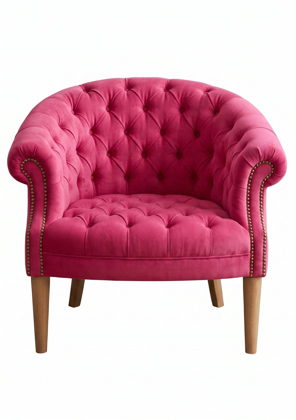 Sillón Nairobi de un cuerpo tapizado en chicle, capitoné redondeado con tachas y patas de madera – Tienda de Banquitos