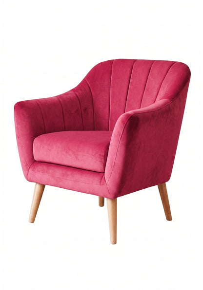 Sillón de un cuerpo Collin color Chicle en pana antimanchas importada, diseño liviano de respaldo bajo y patas de madera — perfecto como sillón de dormitorio. Hecho a medida por Tienda de Banquitos.