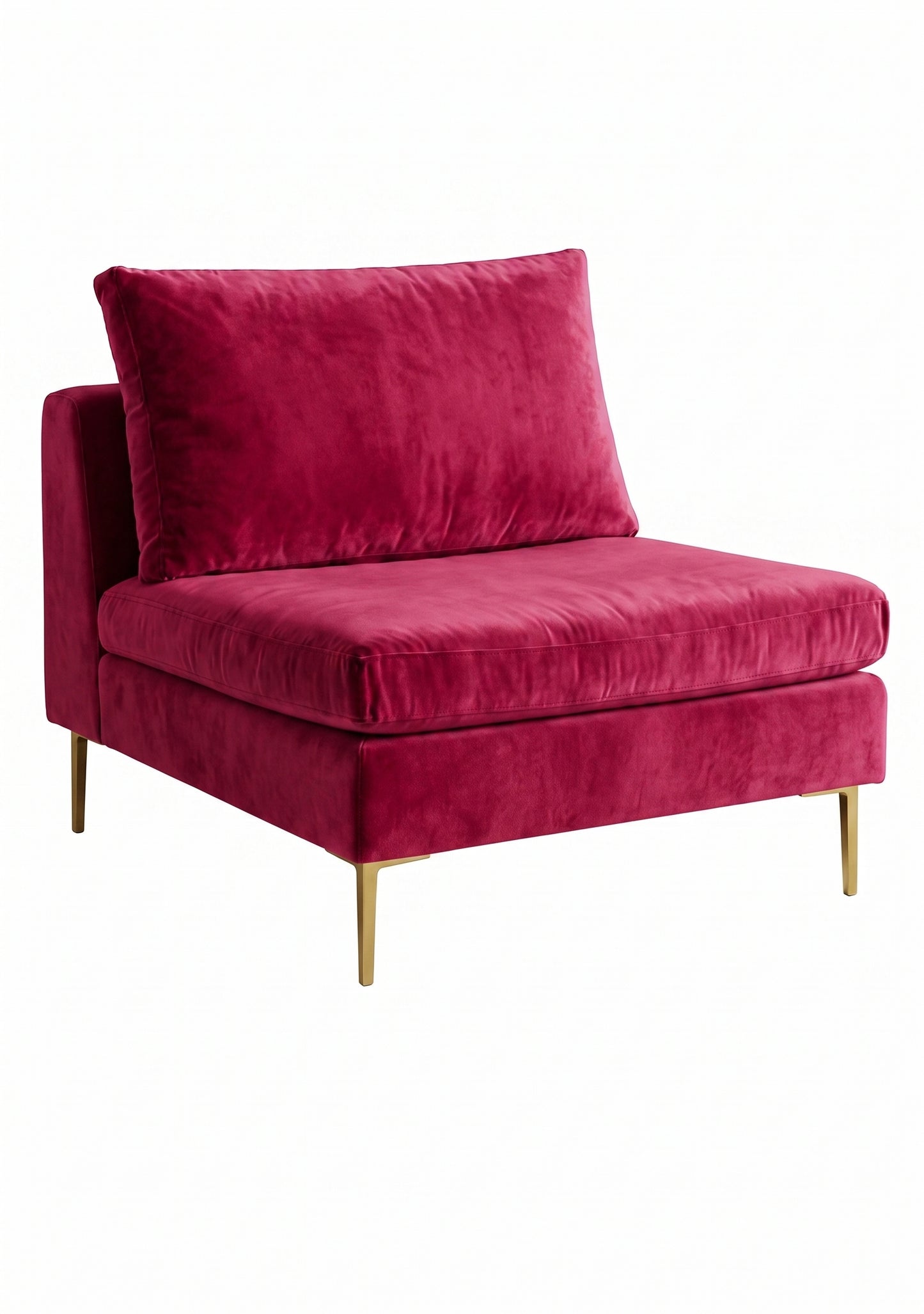 Sillón Edlyn premium en color chicle, sin apoyabrazos, estructura de madera maciza y patas de aluminio dorado – Tienda de Banquitos