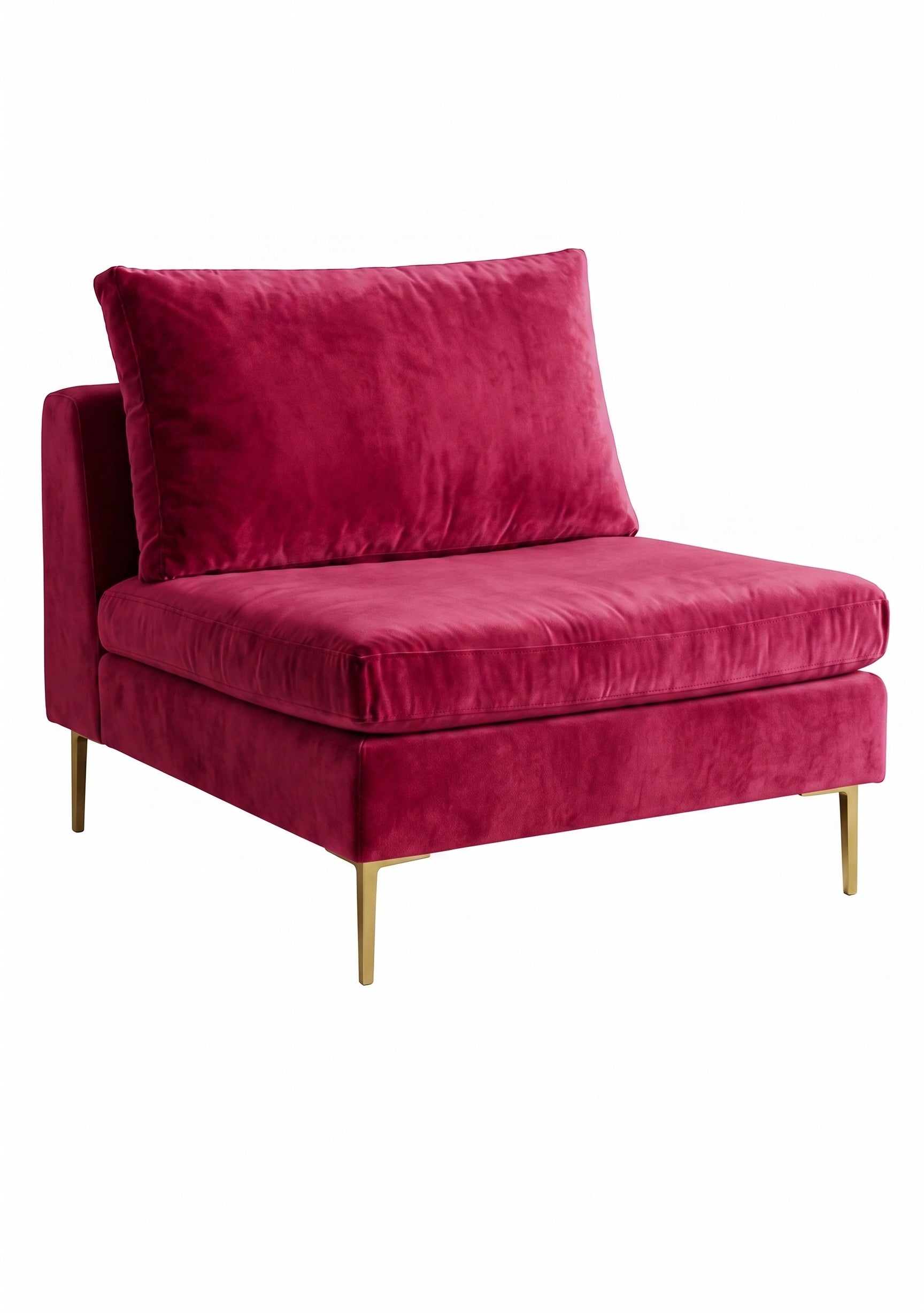 Sillón Edlyn premium en color chicle, sin apoyabrazos, estructura de madera maciza y patas de aluminio dorado – Tienda de Banquitos