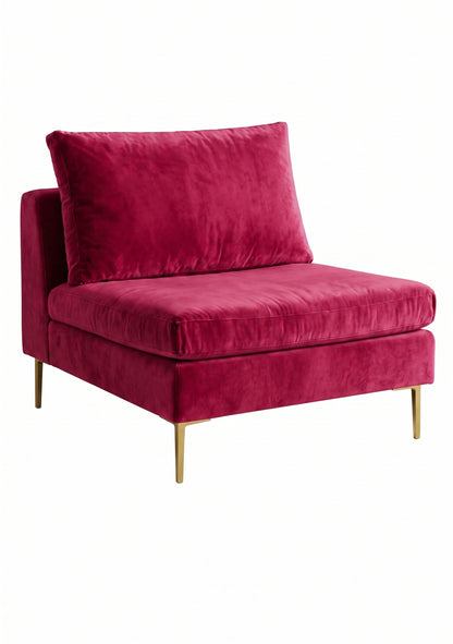 Sillón Edlyn premium en color chicle, sin apoyabrazos, estructura de madera maciza y patas de aluminio dorado – Tienda de Banquitos