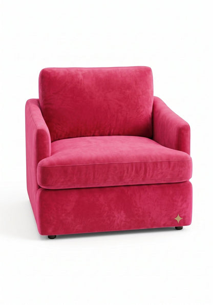 Sillón de un cuerpo Elton color Chicle en pana antimanchas importada, silueta simple y minimalista — la opción versátil para no tener que elegir un estilo definido. Hecho a medida por Tienda de Banquitos.