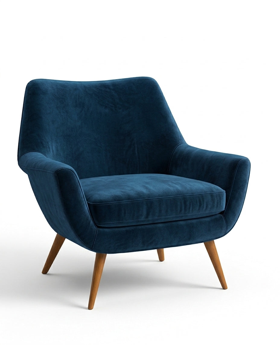 Sillón de un cuerpo Chloe color Azul en pana antimanchas importada, respaldo curvo envolvente y patas de madera inclinadas de aire retro — ideal para sumar onda vintage al living. Hecho a medida por Tienda de Banquitos.