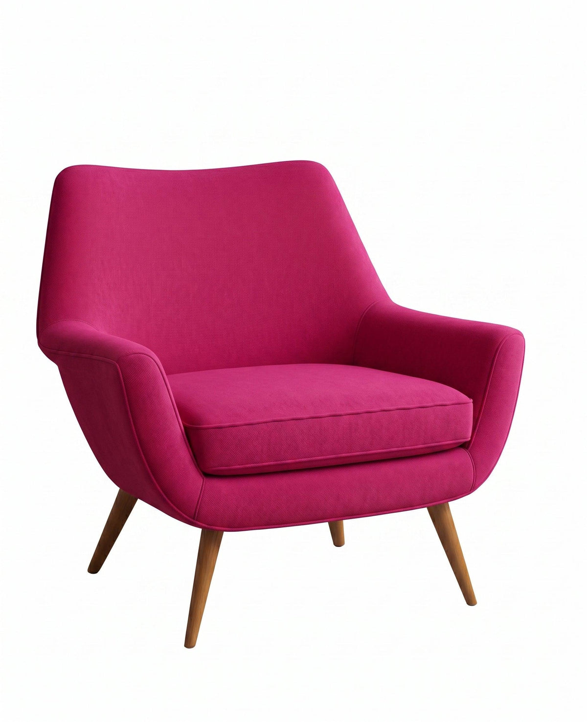 Sillón de un cuerpo Chloe color Chicle en pana antimanchas importada, respaldo curvo envolvente y patas de madera inclinadas de aire retro — ideal para sumar onda vintage al living. Hecho a medida por Tienda de Banquitos.
