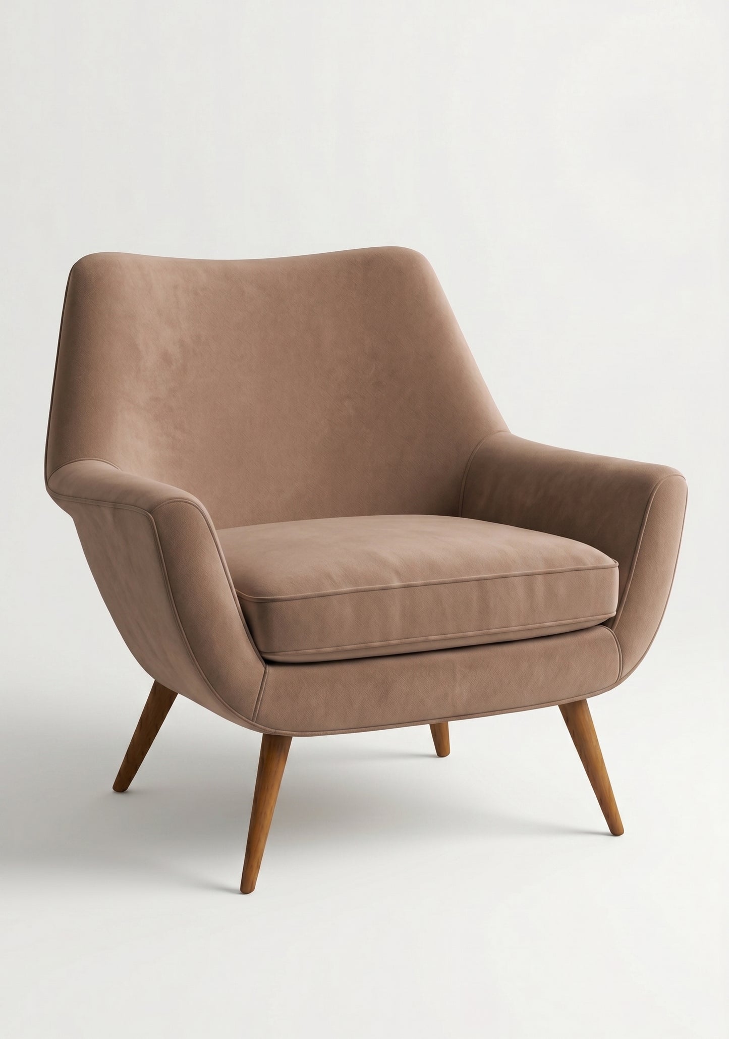 Sillón de un cuerpo Chloe color Latte en pana antimanchas importada, respaldo curvo envolvente y patas de madera inclinadas de aire retro — ideal para sumar onda vintage al living. Hecho a medida por Tienda de Banquitos.