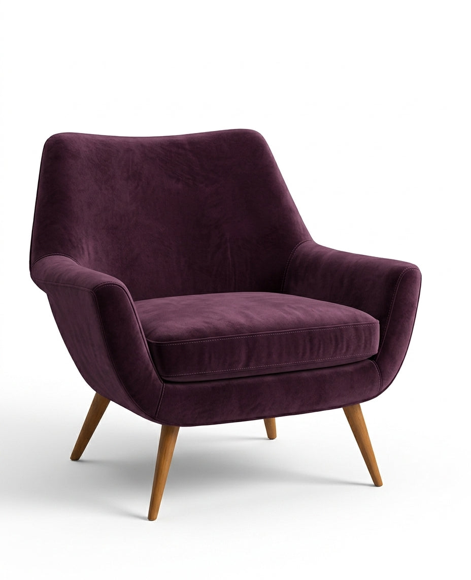 Sillón de un cuerpo Chloe color Obispo en pana antimanchas importada, respaldo curvo envolvente y patas de madera inclinadas de aire retro — ideal para sumar onda vintage al living. Hecho a medida por Tienda de Banquitos.