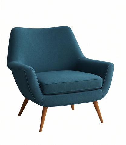 Sillón de un cuerpo Chloe color Océano en pana antimanchas importada, respaldo curvo envolvente y patas de madera inclinadas de aire retro — ideal para sumar onda vintage al living. Hecho a medida por Tienda de Banquitos.