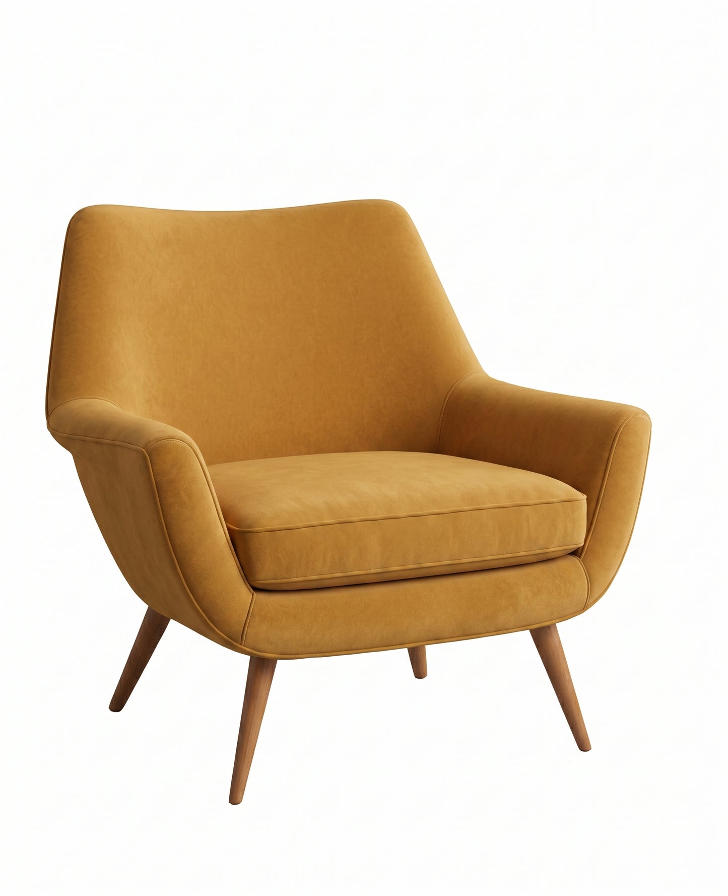 Sillón de un cuerpo Chloe color Oro en pana antimanchas importada, respaldo curvo envolvente y patas de madera inclinadas de aire retro — ideal para sumar onda vintage al living. Hecho a medida por Tienda de Banquitos.