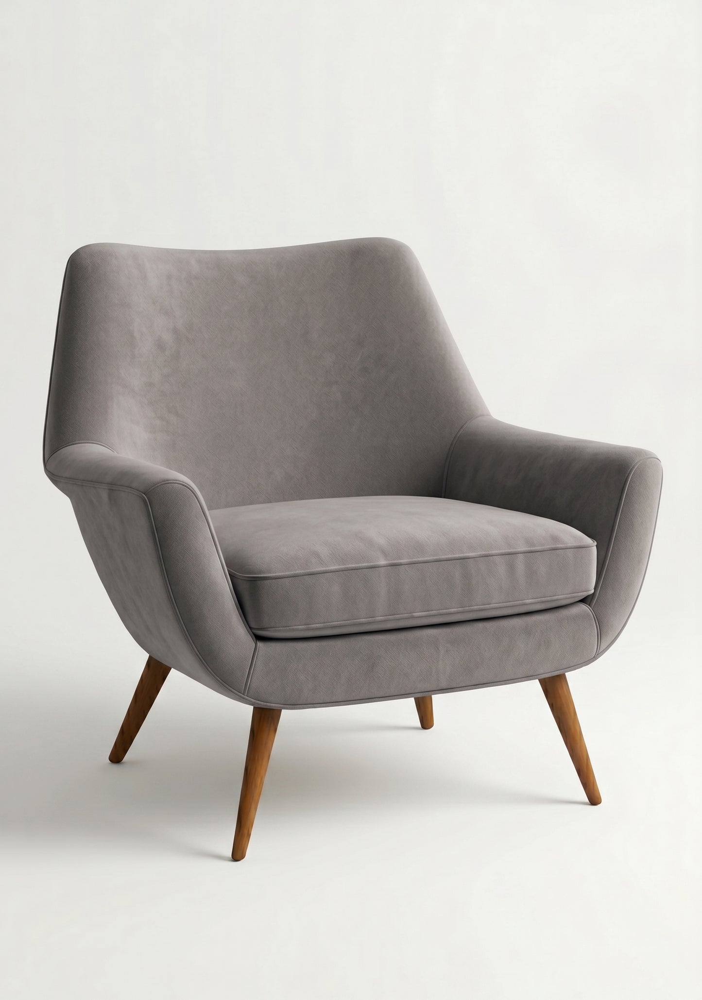 Sillón de un cuerpo Chloe color Plata en pana antimanchas importada, respaldo curvo envolvente y patas de madera inclinadas de aire retro — ideal para sumar onda vintage al living. Hecho a medida por Tienda de Banquitos.