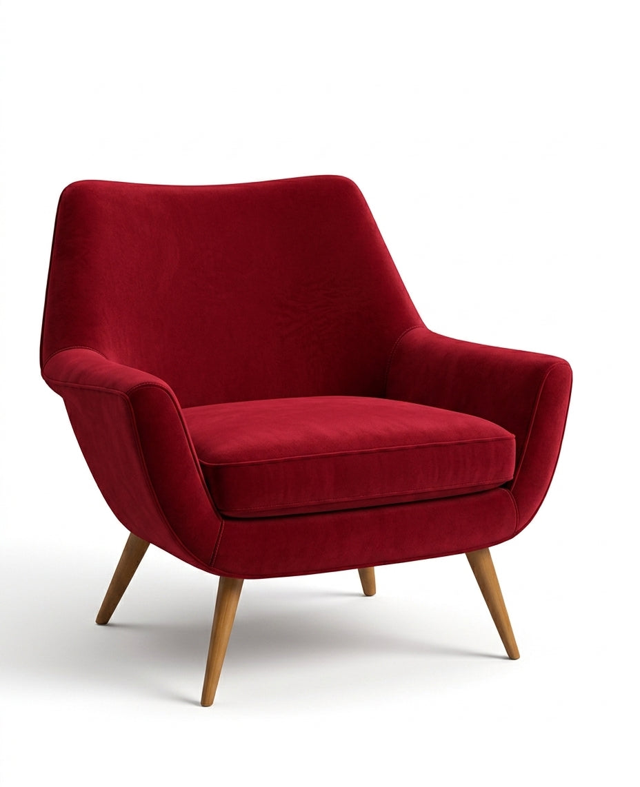 Sillón de un cuerpo Chloe color Rojo en pana antimanchas importada, respaldo curvo envolvente y patas de madera inclinadas de aire retro — ideal para sumar onda vintage al living. Hecho a medida por Tienda de Banquitos.