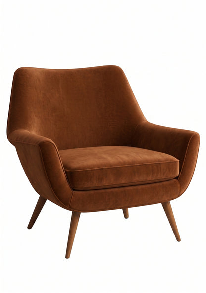 Sillón de un cuerpo Chloe color Suela en pana antimanchas importada, respaldo curvo envolvente y patas de madera inclinadas de aire retro — ideal para sumar onda vintage al living. Hecho a medida por Tienda de Banquitos.