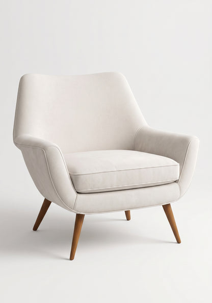 Sillón de un cuerpo Chloe color Tiza en pana antimanchas importada, respaldo curvo envolvente y patas de madera inclinadas de aire retro — ideal para sumar onda vintage al living. Hecho a medida por Tienda de Banquitos.