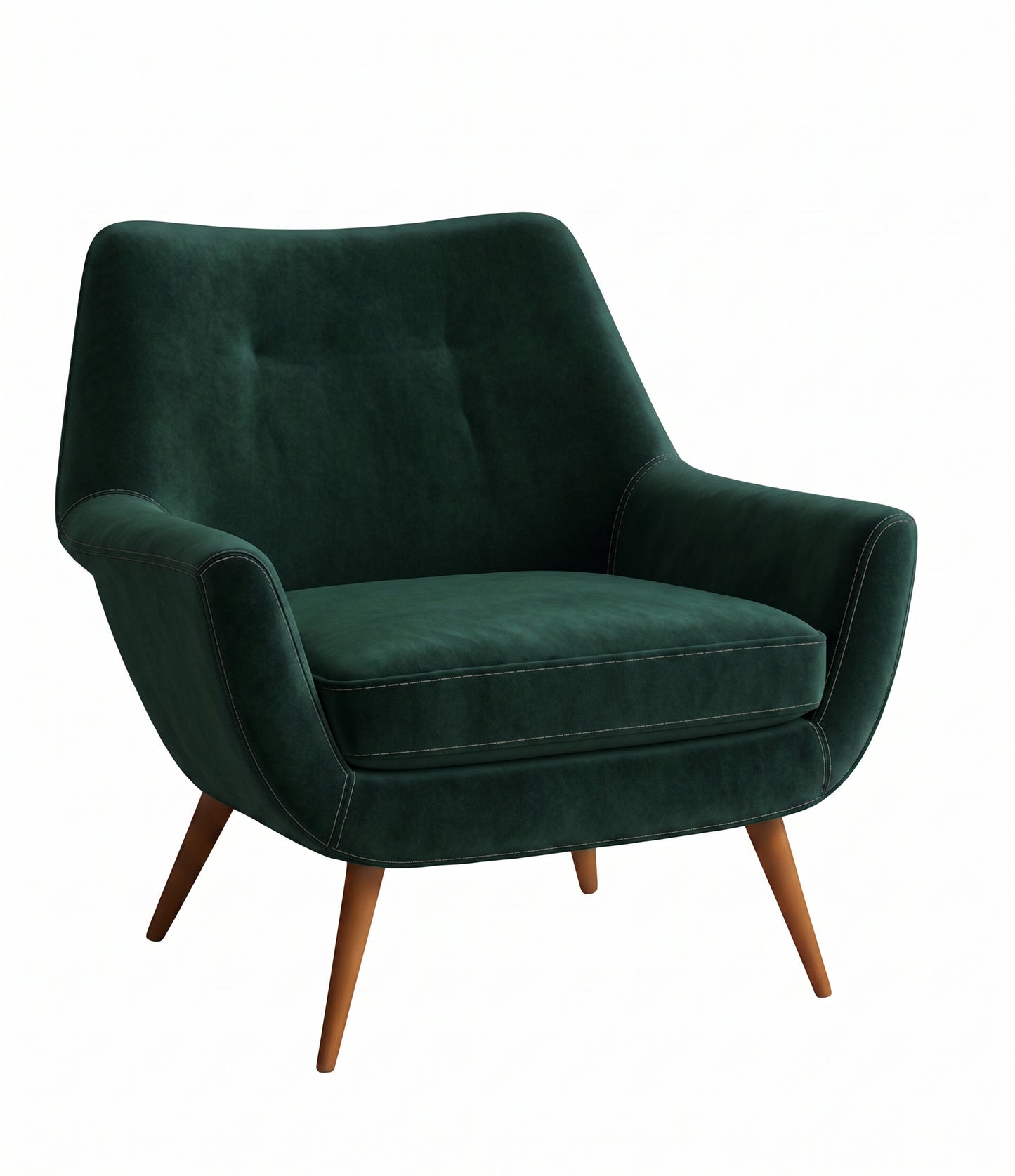 Sillón de un cuerpo Chloe color Verde inglés en pana antimanchas importada, respaldo curvo envolvente y patas de madera inclinadas de aire retro — ideal para sumar onda vintage al living. Hecho a medida por Tienda de Banquitos.