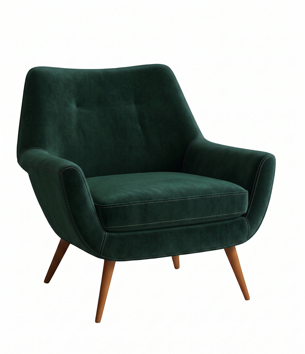 Sillón de un cuerpo Chloe color Verde inglés en pana antimanchas importada, respaldo curvo envolvente y patas de madera inclinadas de aire retro — ideal para sumar onda vintage al living. Hecho a medida por Tienda de Banquitos.