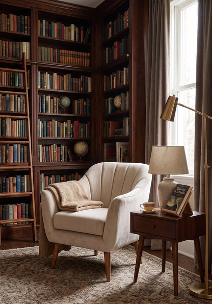 Sillón de un cuerpo Collin en pana antimanchas importada, ambientado en una biblioteca con estantería de libros — diseño liviano de respaldo bajo, canaletas verticales y patas de madera. Hecho a medida por Tienda de Banquitos.