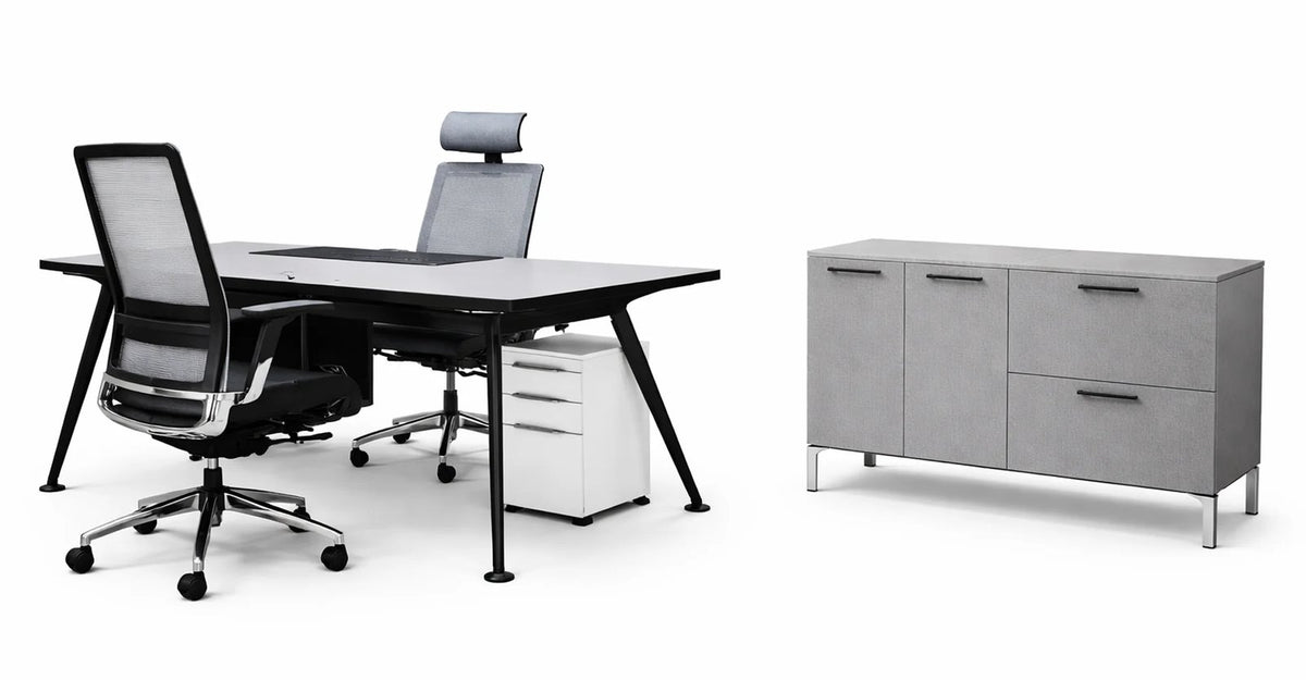 Despacho con escritorio de Archivos Activos y credenza gris detrás