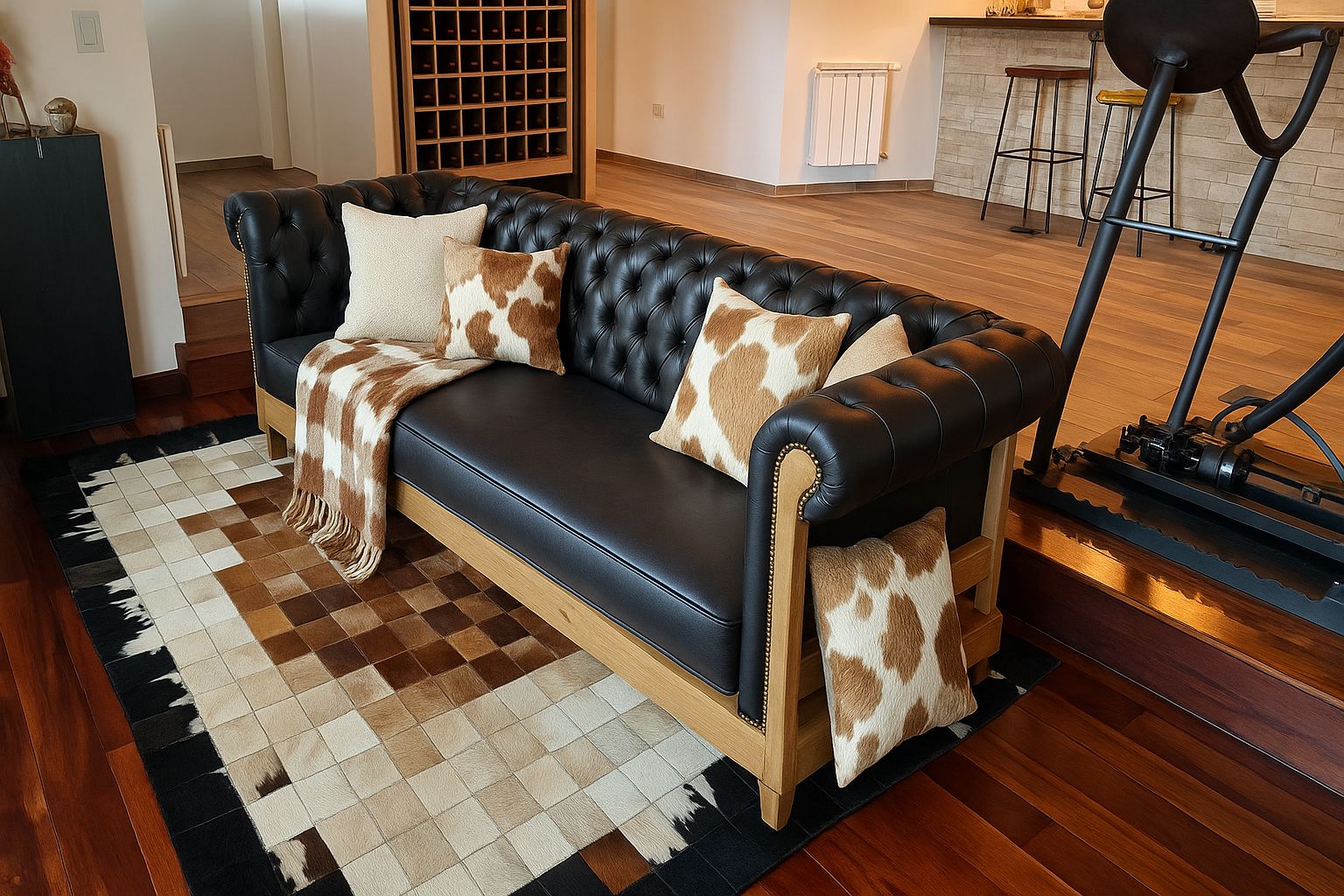 Sofá tipo Chesterfield de tres plazas con estructura de madera clara expuesta y tapizado en cuero negro, con característicos brazos y respaldo acolchados en capitoné. Está decorado con cojines en tonos beige y estampado de piel de vaca, junto con una manta a juego que cuelga sobre uno de los brazos