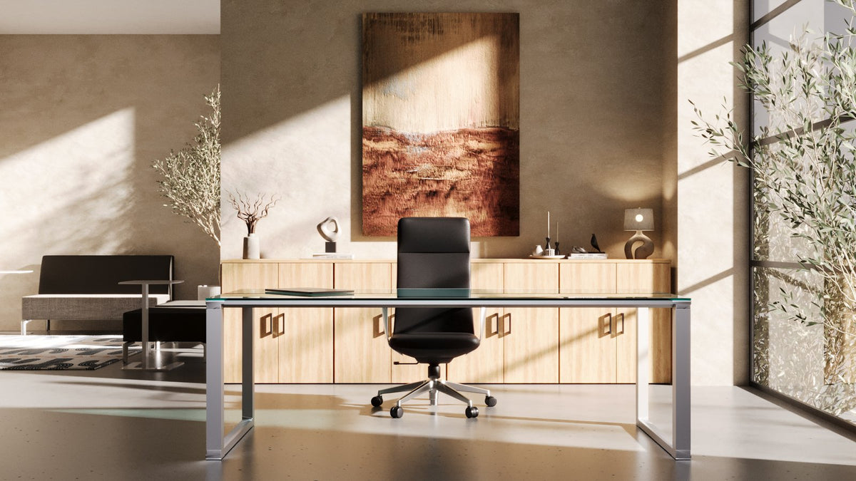 Escritorio gerencial Zen Luxury de Archivos Activos con tapa de vidrio y mueble de guardado