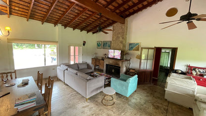 Esquinero Magnolia gris y Sillón Mila turquesa con patas doradas frente al hogar de piedra en el living de Josefina