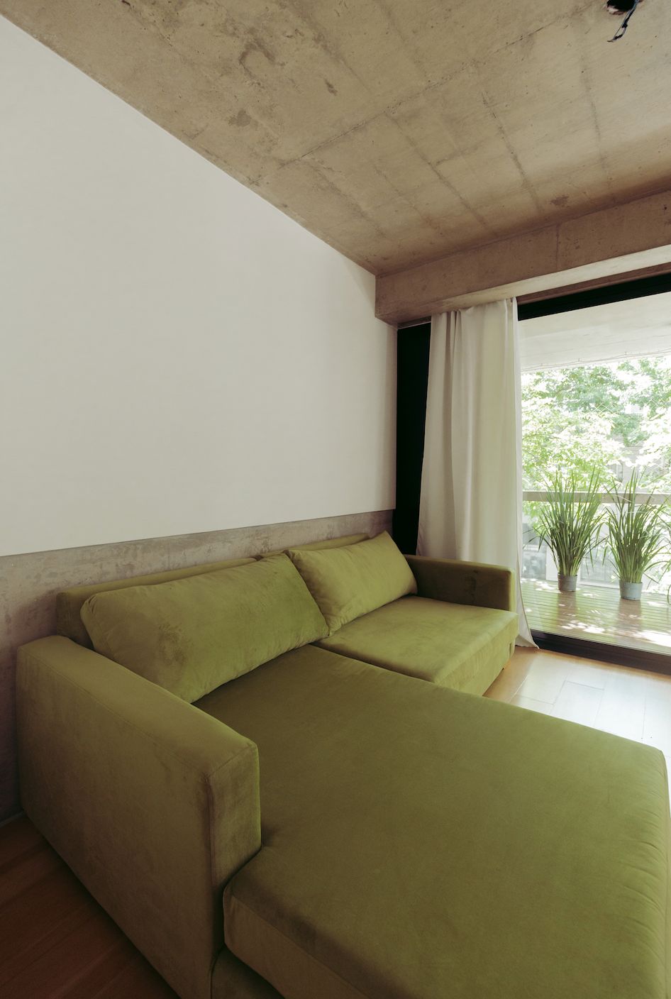 Sillón Esquinero Richard de terciopelo verde junto a una ventana con plantas