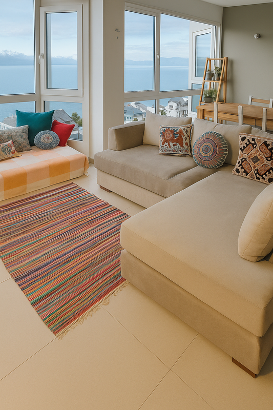 Living moderno con un sesquinero en L de tapizado beige, acompañado de almohadones estampados en tonos tierra y azules. El mueble está estratégicamente ubicado junto a ventanales de piso a techo que enmarcan una vista panorámica al lago y a las montañas nevadas, convirtiéndolo en el punto focal del ambiente por su comodidad y orientación hacia el paisaje.