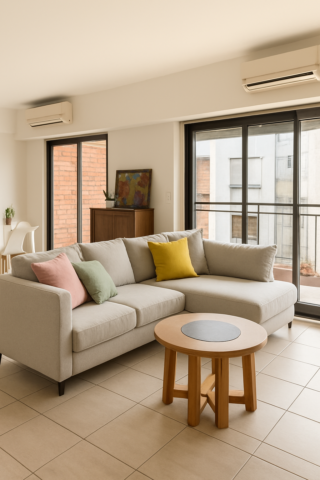 Sillón esquinero tapizado en tela beige claro, con diseño moderno y líneas limpias. Incluye cojines decorativos en tonos pastel y amarillo mostaza que aportan un toque de color y frescura al ambiente. Ideal para salas luminosas con grandes ventanales, combina funcionalidad y estilo contemporáneo.