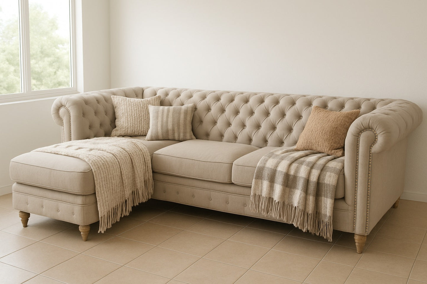 fá esquinero estilo Chesterfield tapizado en tela beige claro, con diseño capitoné en el respaldo y brazos enrollados. El sofá tiene patas de madera torneadas en tono natural, y está decorado con cojines en tonos tierra y mantas tejidas en colores neutros, que cuelgan suavemente sobre los brazos.