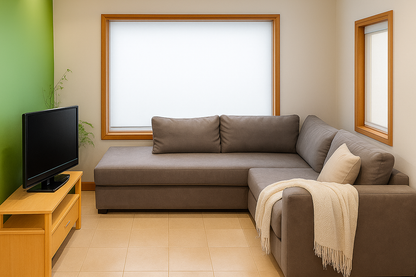 Sillón esquinero tapizado en tela gris oscuro, con diseño moderno y líneas rectas. Cuenta con cojines grandes y cómodos, ideal para aprovechar espacios pequeños y crear un ambiente funcional y acogedor. Decorado con una manta beige que añade calidez al conjunto.