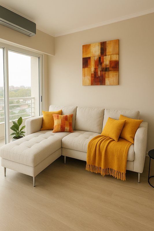 Sofá esquinero moderno tapizado en tela color crema, con patas metálicas delgadas que elevan ligeramente su estructura. Está decorado con cojines en tonos mostaza y naranja, junto con una manta tejida color mostaza que aporta calidez y contraste